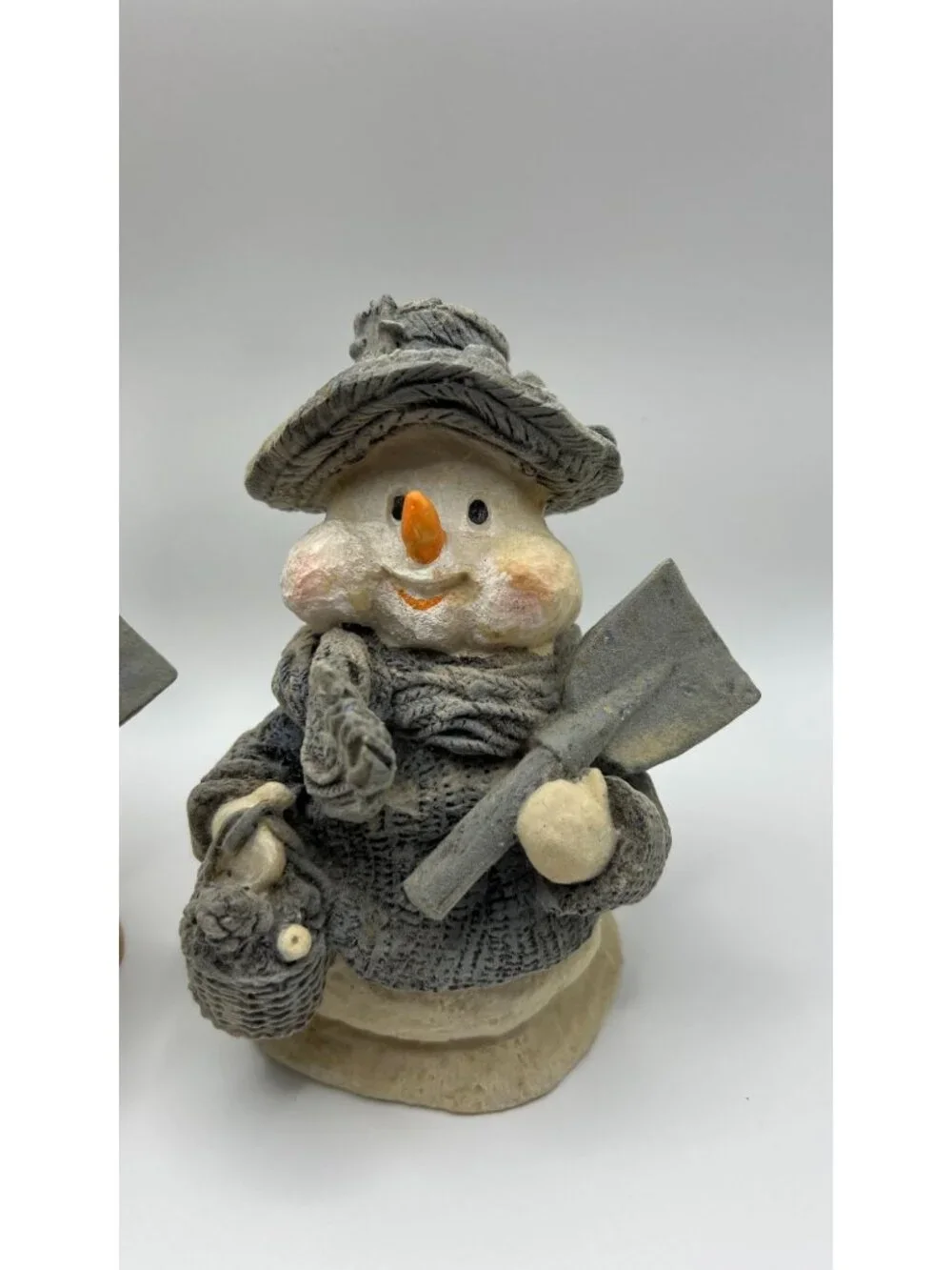 Pair Of Snowman Figurines With Hats & Scarves Holding Shovels Winter Decor